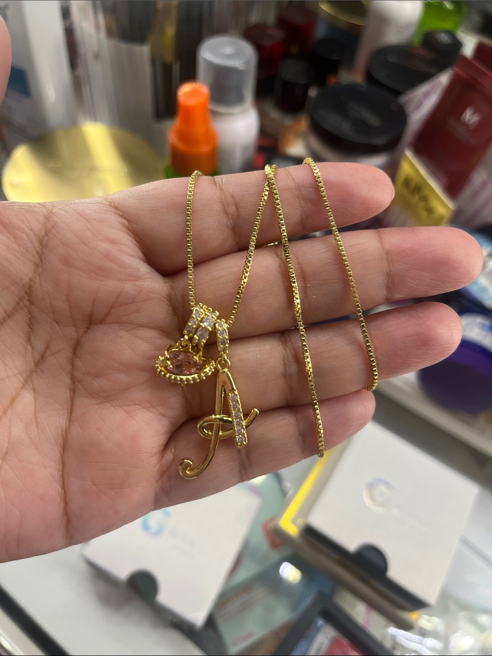 Gold-Tone letter A Pendant Necklace with Pink heart Center Stone